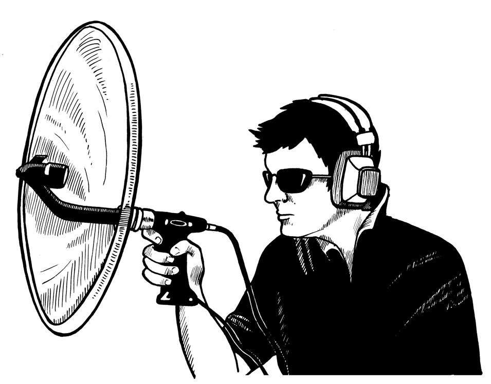 8. The picture shows a spy using a long range microphone and curved reflector to listen to conversations from some distance away.