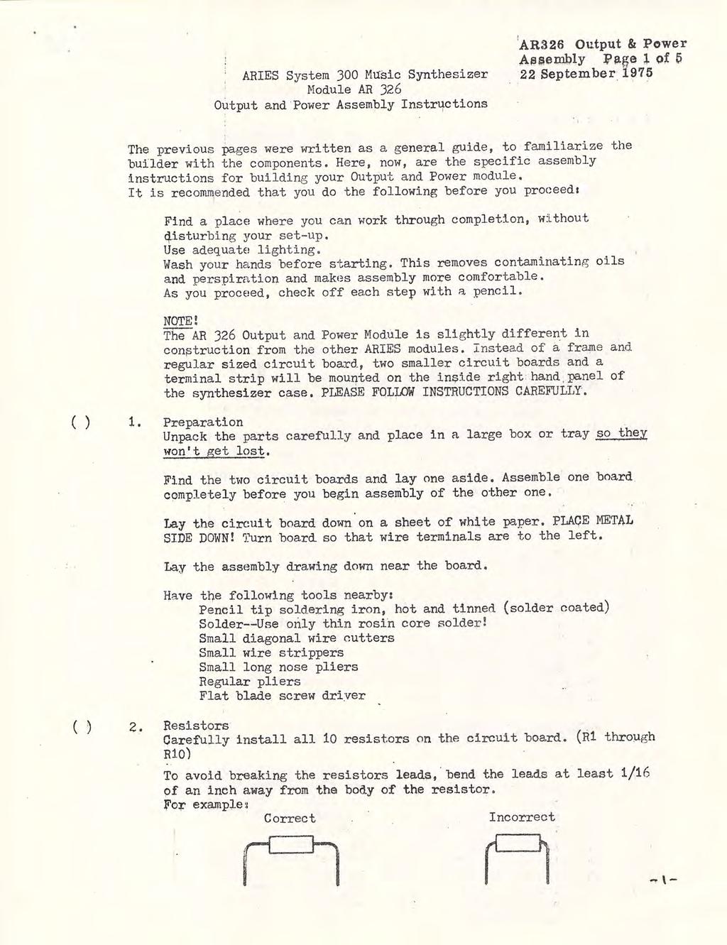 ARIES System 300 Music Synthesizer Module AR 36 Output and Power Assembly Instructions AR36 Output & Power Assembly Page 1 of 5 September 1975 The previous pages were written as a general guide, to