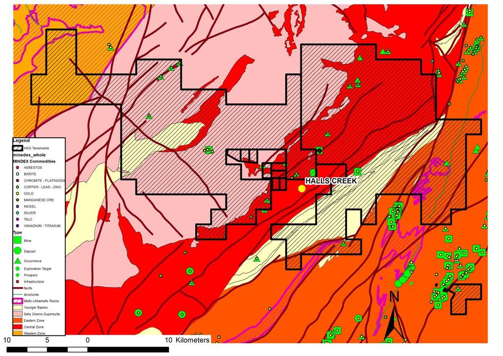 Figure 4: Hexagon s Tenement Holdings at the Halls Creek Project VHMS Base Metals (Zn-Pb-Cu) in the Halls Creek Project (See Figure 4): o Northeast-trending belt of VHMS Zn-Pb-Cu showings to the