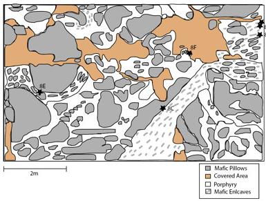 Figure 3b. Map of rock relationships and sample locations at the Arey Neck outcrop.