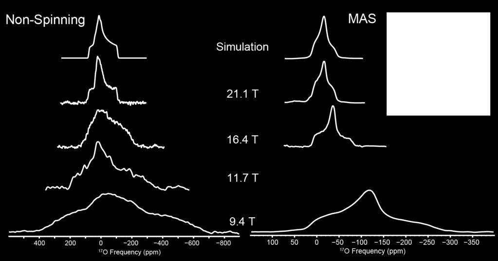 Figure S3: 17 O MAS NMR (21.1 T) of L-arginine HCl H 2 O at 21.1 T. Simulation parameters: C Q = 7.0 MHz, η = 0.88, δ iso = 26 ppm.