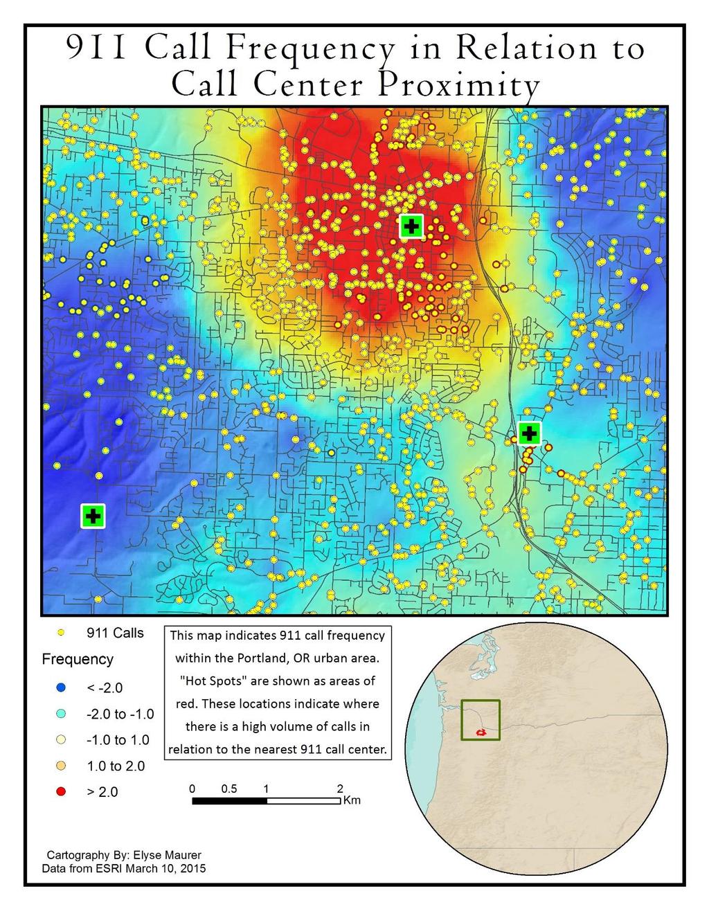 Figure 1. This map indicates the initial hot spot analysis for the Portland, OR urban area.