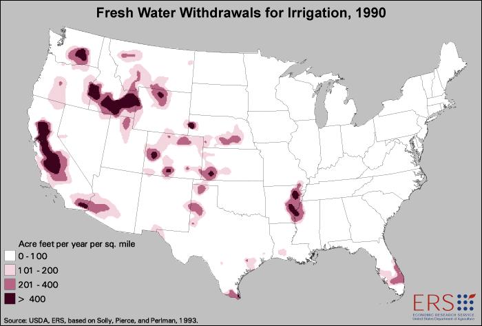 Figure 11.6 A thematic map showing fresh water withdrawals for irrigation. Colors are distingishable.