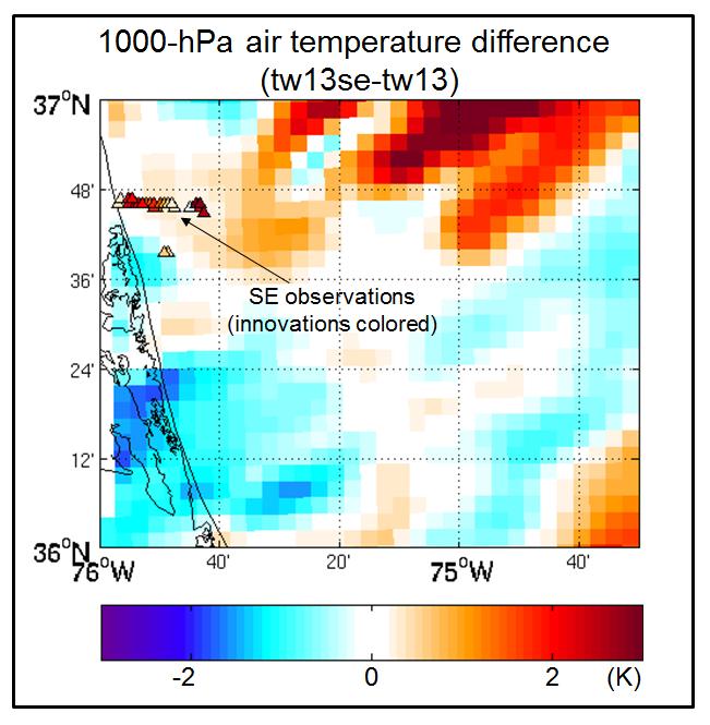 Figure 2. 1000-hPa air temperature difference between two COAMPS nest-4 (1.33-km) analyses valid 12 UTC 16 July 2013 for TW13 (COAMPS with SE data minus COAMPS without SE data).