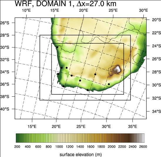 WRF Time series D1 D2 D3 Available WASA time series: D1 (covers all South Africa), 27 km x 27 km, 3-hourly, Oct 2005 - Sep 2013 (could be rerun for 1990-2013 with hourly