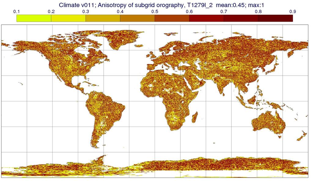 Chapter 11: Climatological data Figure 11.5 Anisotropy γ GW of sub-grid orography (1 indicates isotropic, 0 means maximum anisotropy).