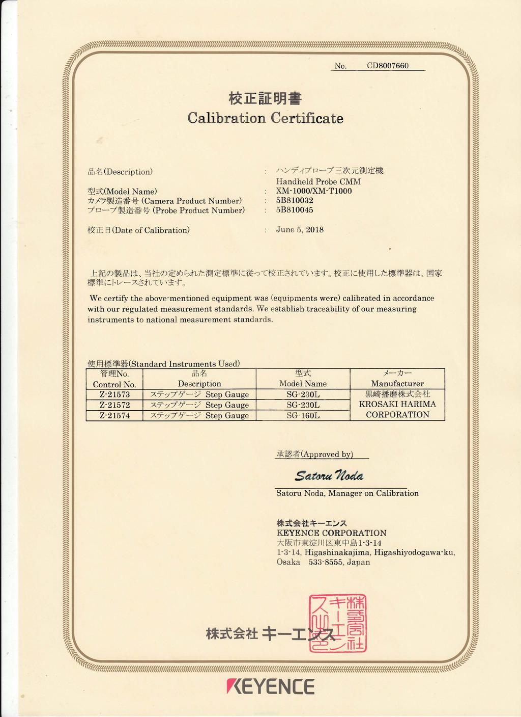 f/" No. CD8007660 IE lie BJJ =5 Calibration Certificate rfilj!