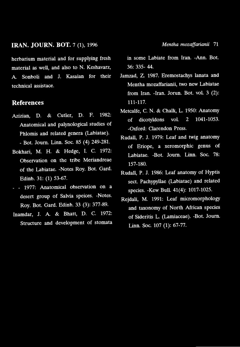 -Notes Roy. Bot. Gard. Edinb. 31: (1) 53-67. 1977: Anatomical observation on a desert group of Salvia speices. -Notes. Roy. Bot. Gard. Edinb. 33 (3): 377-89. Inamdar, J. A. & Bhatt, D. C.