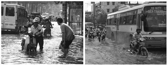 Figure 1: Traffic collapse during flooding in Ho Chi Minh City (Source: Left picture VnExpress (2009b), right picture VnExpress (2009a)) Causes for floodings are not only heavy rains and high tides,