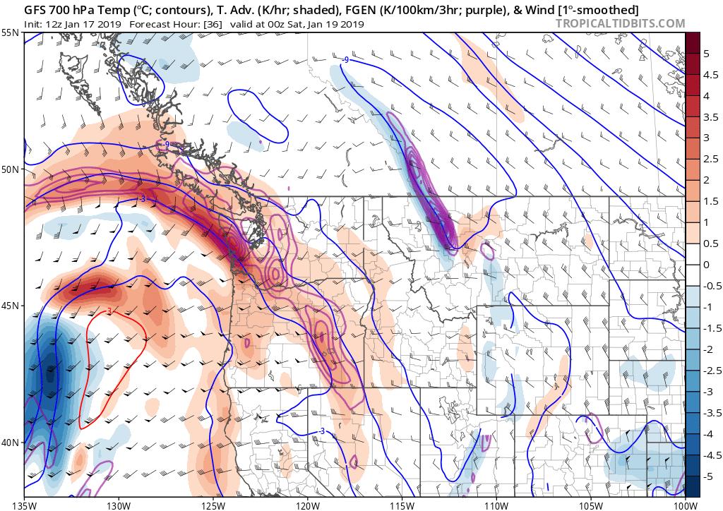 There is strong 700 hpa warm-air advection at this time near the Pacific Northwest coast. However, warm-air advection alone does not produce frontogenesis.