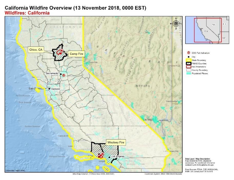 Wildfires California State/Local Response: Governor declared a State of Emergency for Butte, Ventura and Los Angeles counties National Guard and EMAC activated CA EOC at Full activation FEMA
