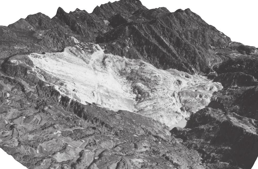 Figure 2. Three-dimensional view of the avalanche zone using an aerial photograph superimposed on a digital elevation model.