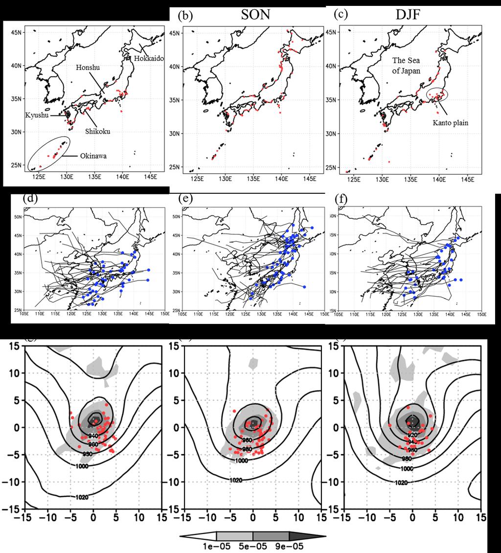 The distributions of tornadogenesis Many tornadoes occur coastal regions and Kanto plain The