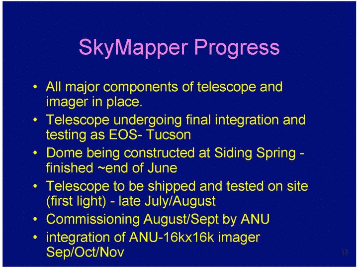 SkyMapper 20,000 sq deg (new 1.35m telescope with 5.7sq deg imager!) uvgriz imaging, limiting mag i = 19.1 in 30 sec exposure 1.