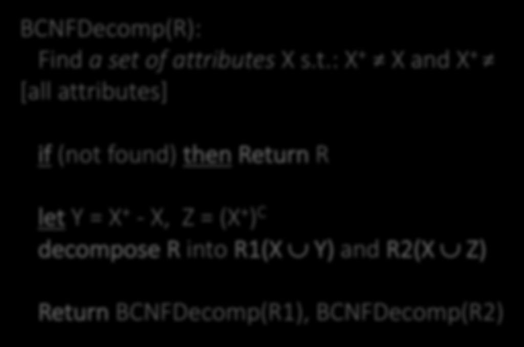 BCNF Decomposition Algorithm BCNFDecomp(R): Find a set of