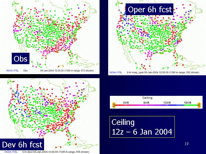Fig. 4. Ceiling forecasts from RUC versions with (dev) and without (oper) METAR cloud assimilation. Observations also shown.