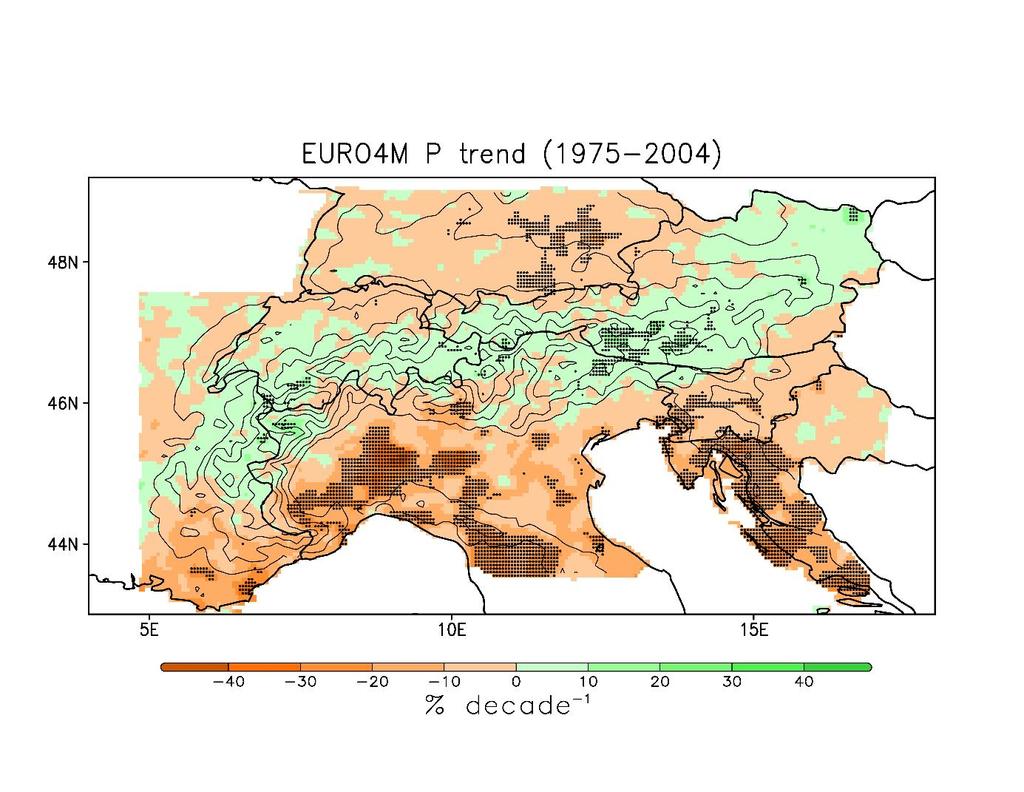 Supplementary Figure 3. Mean observed 15 summer precipitation trend over the Alpine region for the period 1975-2004.