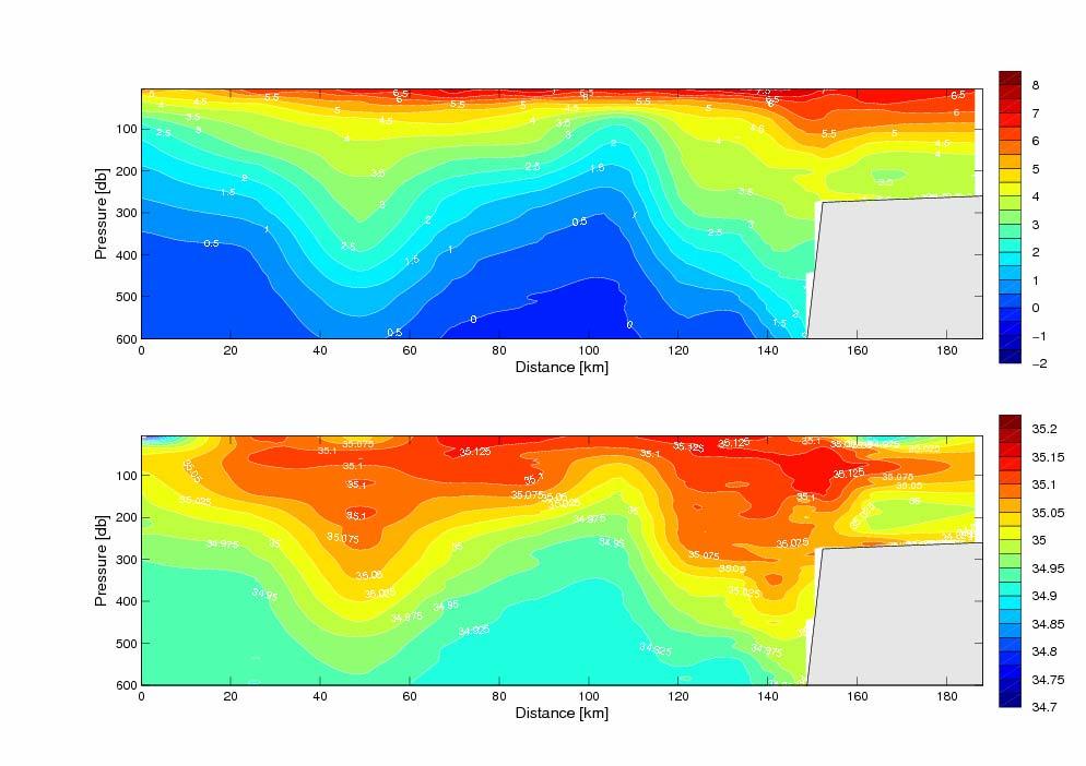 Fig. 3. Potential temperature (upper panel) and salinity in summer 2007 at section N (76 30 N).