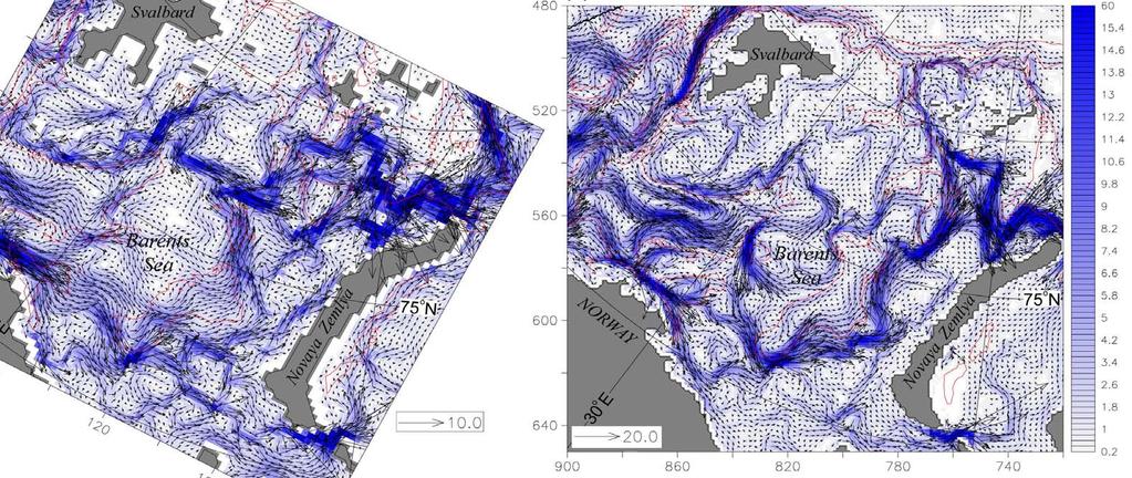 BATHYMETRY/RESOLUTION IMPACTS 18-km Model 0-225 m (levels 1-7), 1 every vector 9-km Model 0-223 m (levels 1-15), 1 15), every 2 nd vector Barents Sea outflows (north of Novaya Zemlya and through Kara