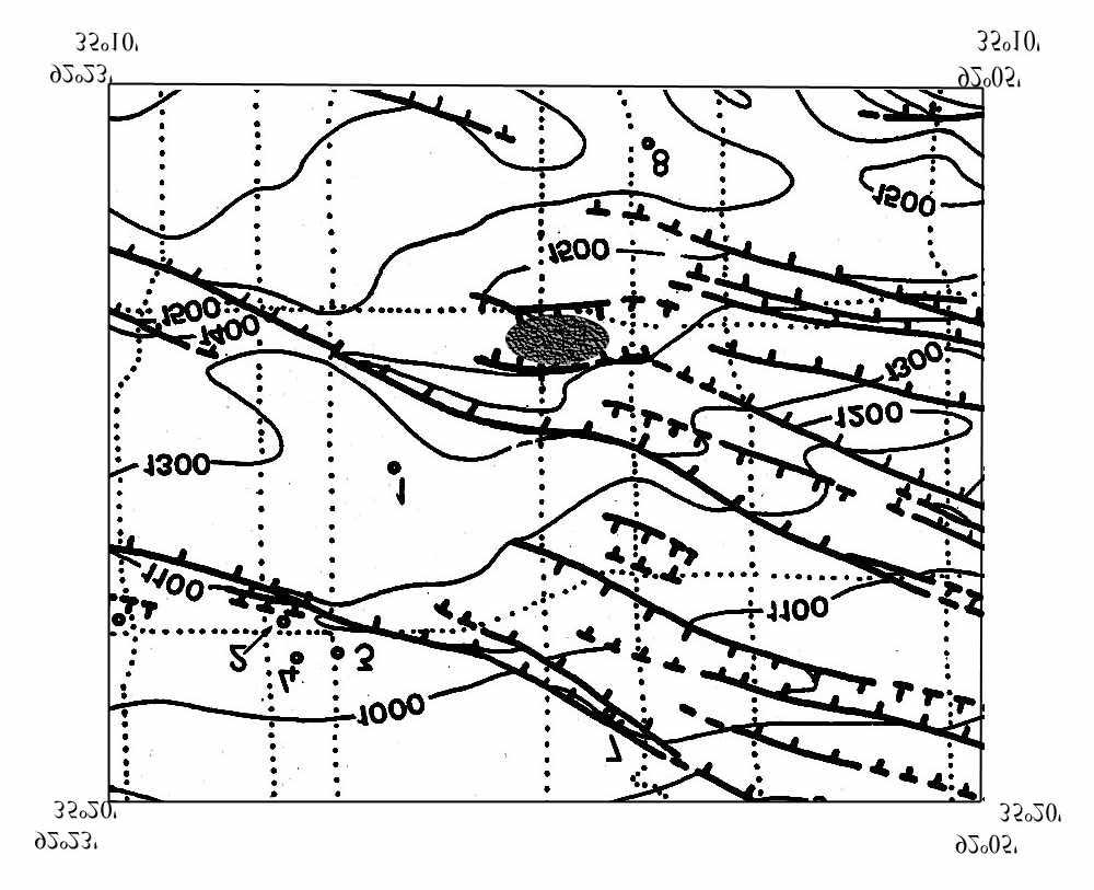 Figure 3. Numerous faults around the swarm area (dark ellipse). Bold lines are normal faults, teeth on downthrown side. Dotted lines are seismic reflection lines. Modified from VanArsdale (1990).
