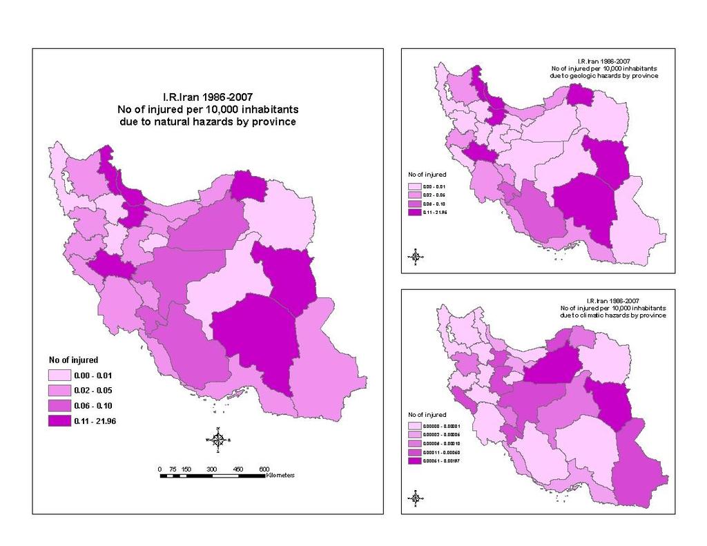 Figures 20 and 21 indicate the spatial distribution of injury due to geologic and climatic hazards at Ostan and Shahrestan levels, respectively.