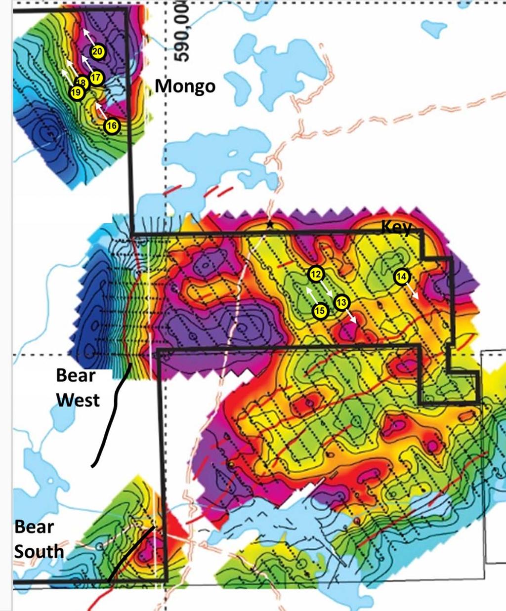 intersected strong bleaching, clay alteration, graphite and hematite with elevated Ni, Cu, Zn and Pb Frequent radioactive (Th) mafic dykes in Mongo