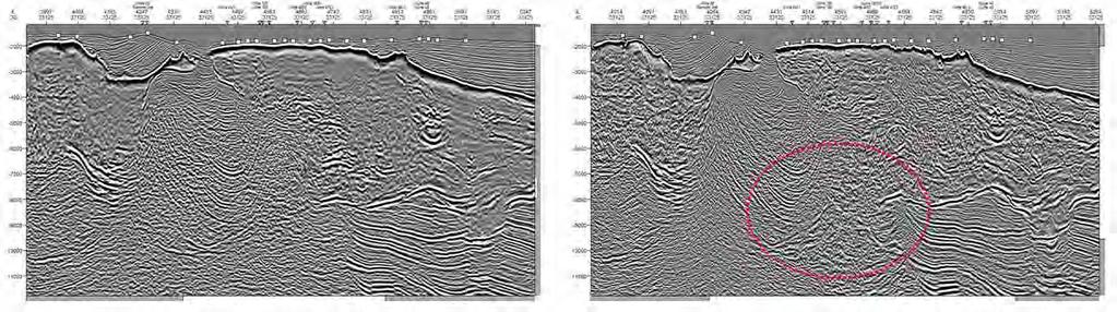 Figure 4 3D Simultaneous joint inversion input (on the left) and output (on the right) resistivity model along two lines co-rendered with benchmark RTM seismic cube.