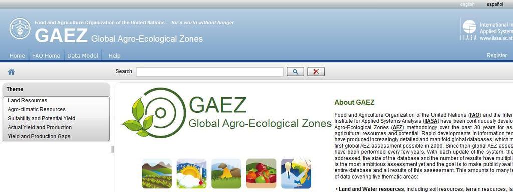 GAEZ data search Two options: By navigation menu on the left side of the interface or,