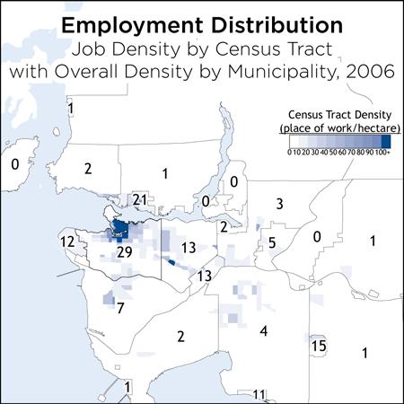 Employment data are available from the 2006 census: in 2006, Vancouver also contained the highest concentration of jobs in the region, with the Downtown core and Central Broadway corridor standing
