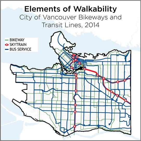 The map below left illustrates block length on streets throughout Vancouver, suggesting areas in which pedestrian paths are challenging or indirect.