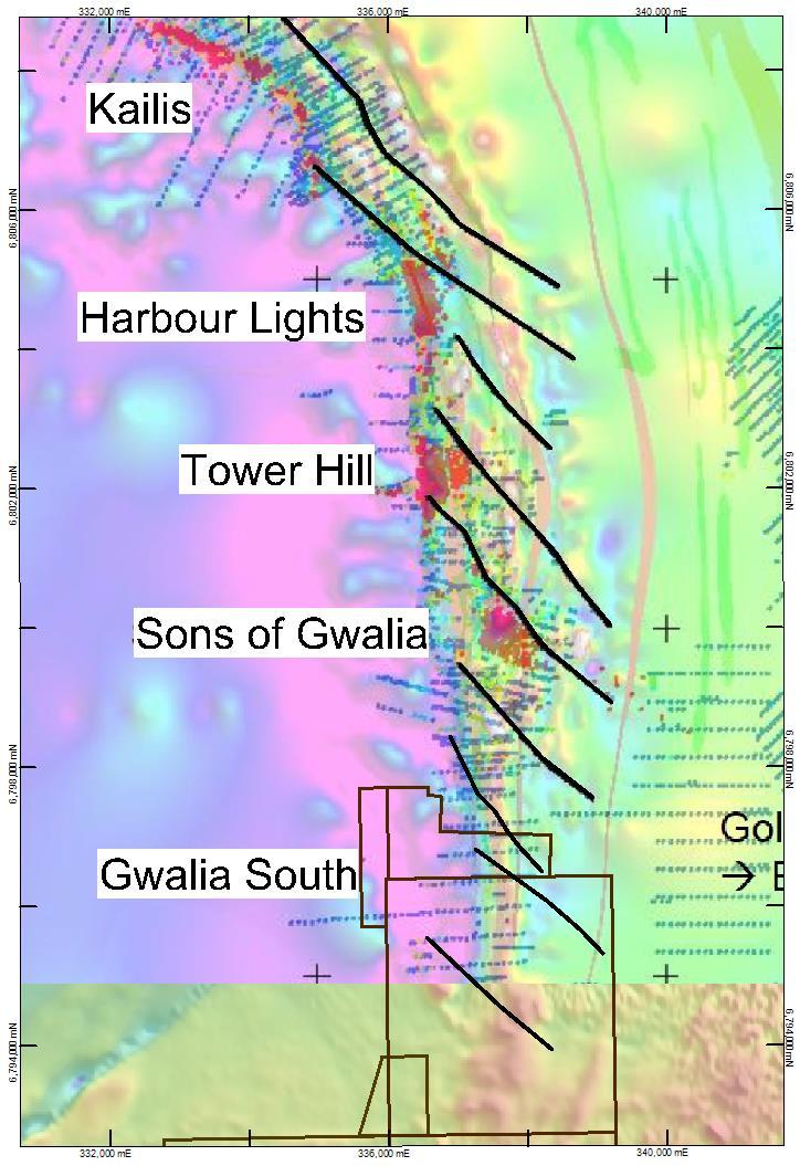 ASX Code: KIN Figure 1 Gold distribution in drillholes (red=>5g/t Au) in relation to north-west striking faults.