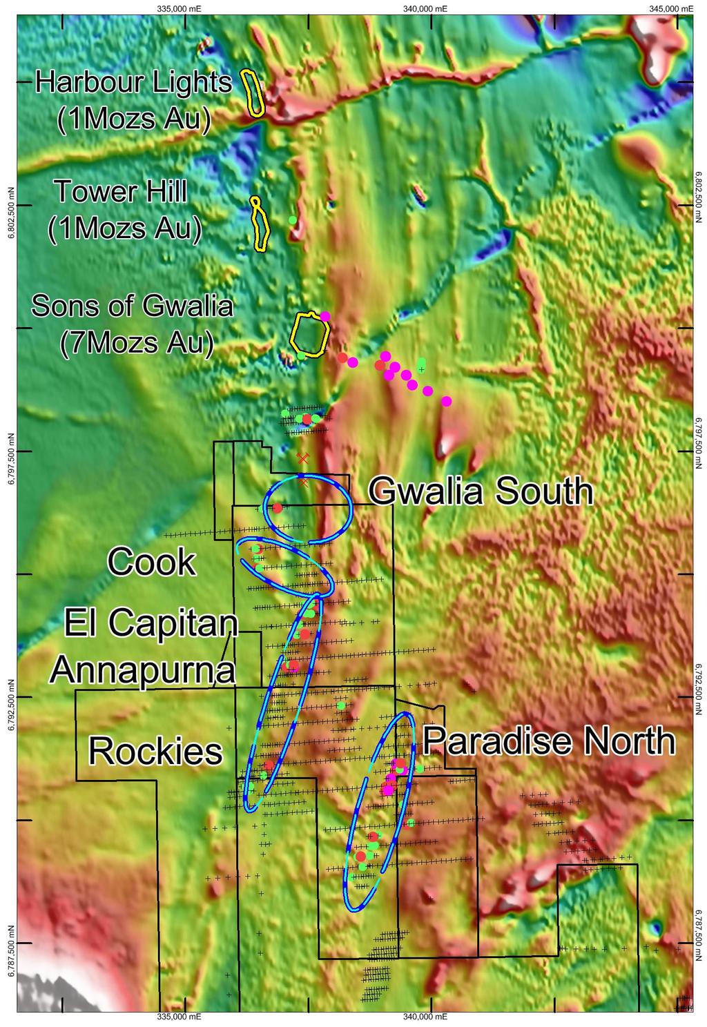 Exploration drilling south of the Gwalia mine conducted by Sons of Gwalia in 1999 along the GSZ identified continuous sheared mafic/ultramafic ± felsic porphyry units (Gwalia mine sequence) and an
