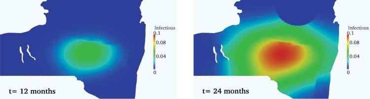 10 J.P. Keller et al. Figure 4. Infectious wave spread. Shielding effect of river, lakes and mountains on the propagation front of I base at different times (ν H = 10 5 ν L ).