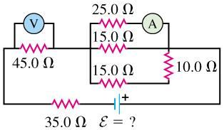 Resistor network (A) For the circuit shown in the figure both meters are idealized, the battery has no appreciable internal resistance, and the ammeter reads 2.00 A. (a) What does the voltmeter read?