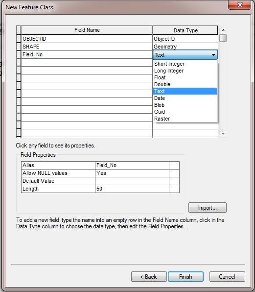 (4) Click the first blank cell in the Field Name column and add any attribute fields that you will want in the attribute table of your spatial features (such as Field_No for your Field file).