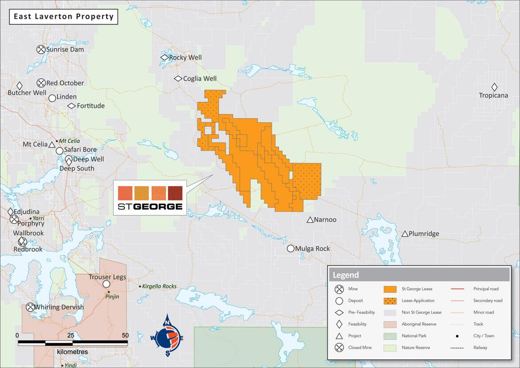 ABOUT OUR PROJECTS East Laverton Property St George Mining has 100% ownership of a tenement package covering a contiguous area of 1,445.