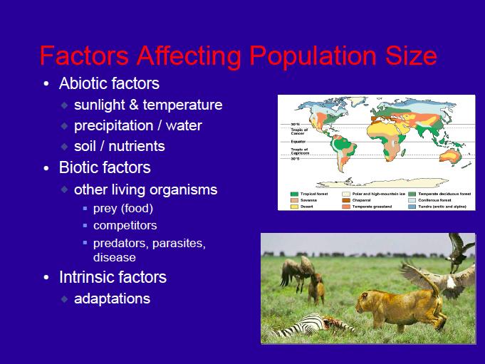 Factors affecting population size Abiotic factors Sunlight & temperature Precipitation/water Soil/nutrients Biotic