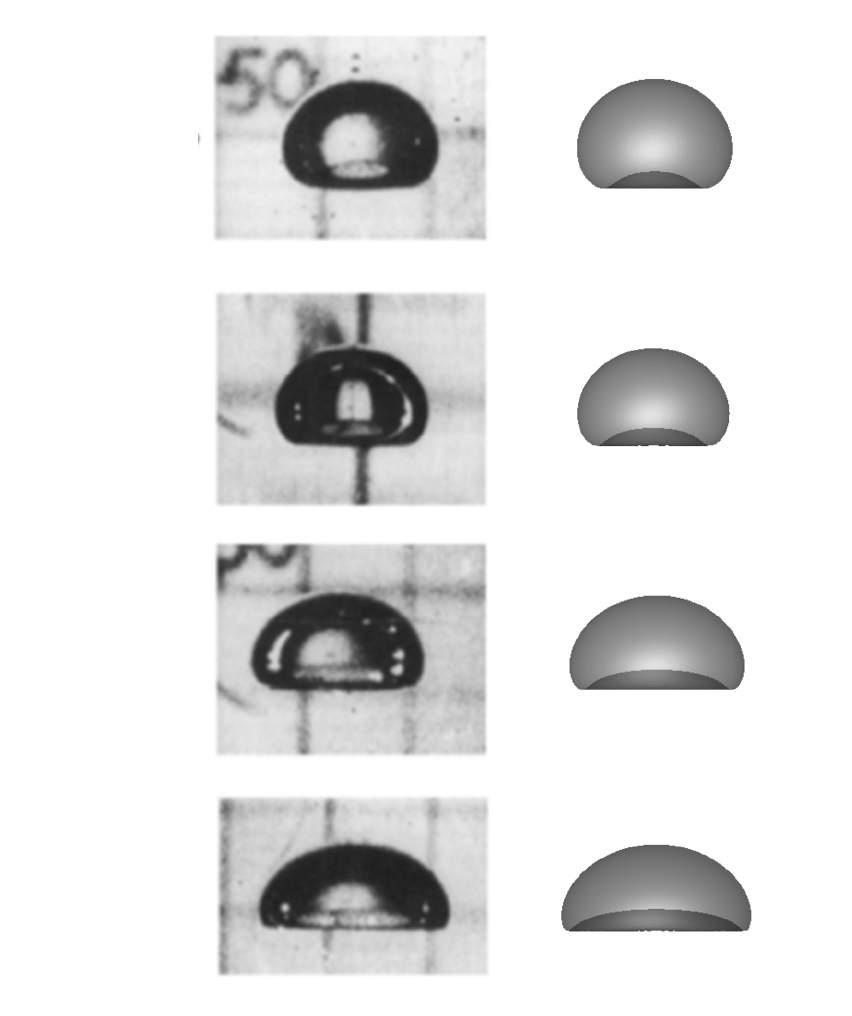 (a) (b) (c) (d) FIG. 3: Comparison the terminal shapes of an air bubble rising in aqueous sugar solutions obtained from our 3D numerical simulations with those of Bhaga & Weber [25]. (a) Ga = 2.