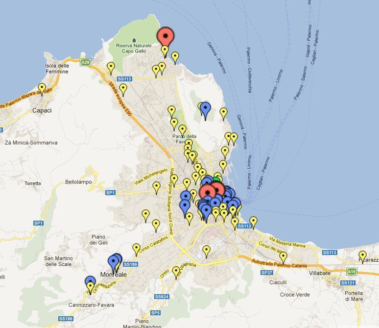 Figure 4. Map of the places of interest in Palermo (zoom onto the center of the city) Figure 3. Map of the places of interest in Palermo. "tourists".