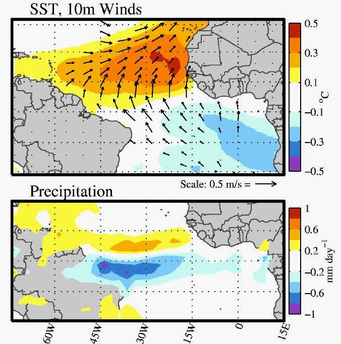The Atlantic Meridional Mode: SST, wind, and precip anoms Leading mode of basinwide ocean-atmosphere interaction between SST and low-level winds Amplifies via