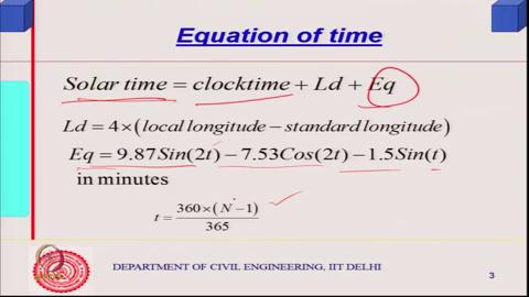 (Refer Slide Time: 00:40) But just before that I want you to tell you about solar equation of time right, because anything you know hour angle is always calculated with respect to the solar time
