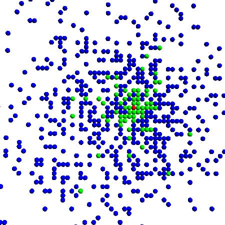 Life 214, 4 593 Figure 5. Snapshots of the system. The X, Y and Z molecules are respectively denoted by green, red and blue dots.