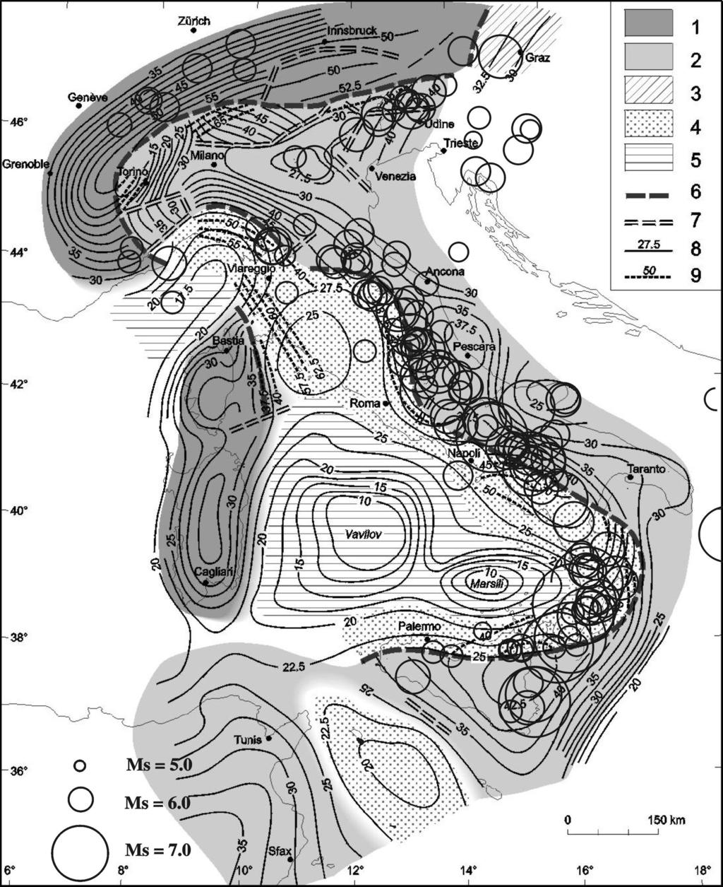 Boll. Geof. Teor. Appl., 47, 481-496 Cassinis and Solarino Fig. 2 - Depth contour-lines of the Moho boundary (contour interval 2.5 km) and crustal domains (modified from Cassinis et al., 2003).