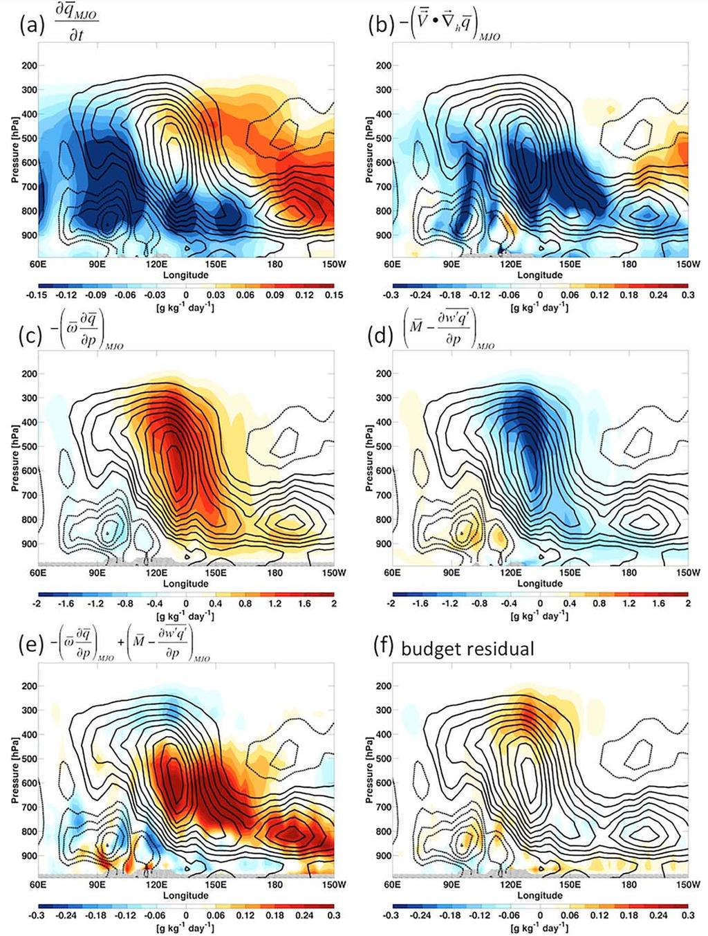 Figure 11. Longitude-height sections of latitudinally averaged (5 N25 S) composite intraseasonal moisture budget terms (shading) for the 43CO 2 simulation.