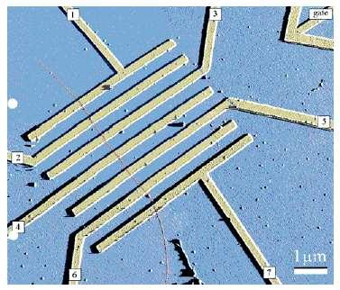 Atomic force microscopy image of an isolated SWNT deposited onto seven Pt electrodes by spin coating from