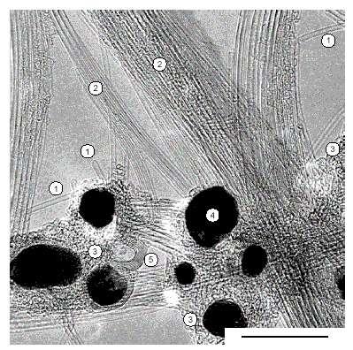 Transmission electron micrograph of raw nanotube material produced by arc discharge.