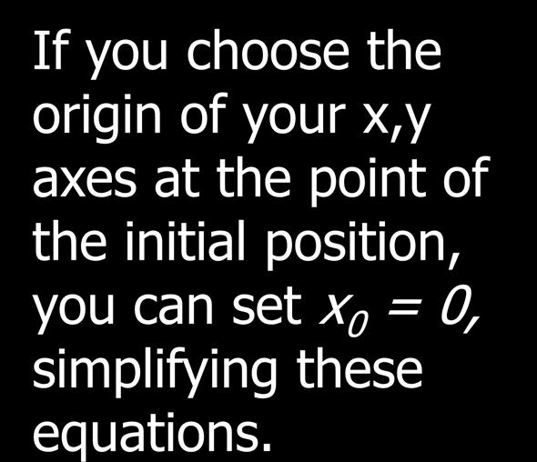 x) = v v f v = v + at f 0 0 0 0 If you choose the origin of your x,y axes at the point of the