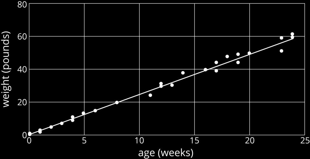 1-3. ( ) 1 8. 8 Problem 6 (from Unit 6, Lesson 6) Here is a scatter plot of weight vs. age for different Dobermans. The model, represented by y =.