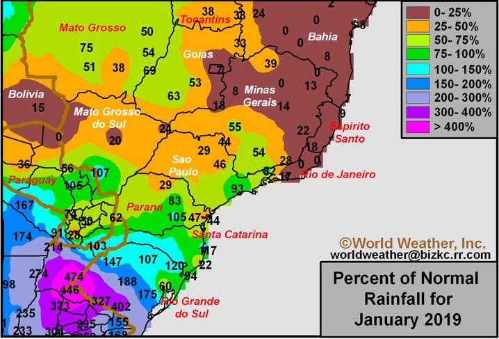 The remaining production areas in center-south, center-west, and southern Brazil will see a mix of light rain and sunshine this week. Pockets in Parana and portions of Sao Paulo will receive 0.
