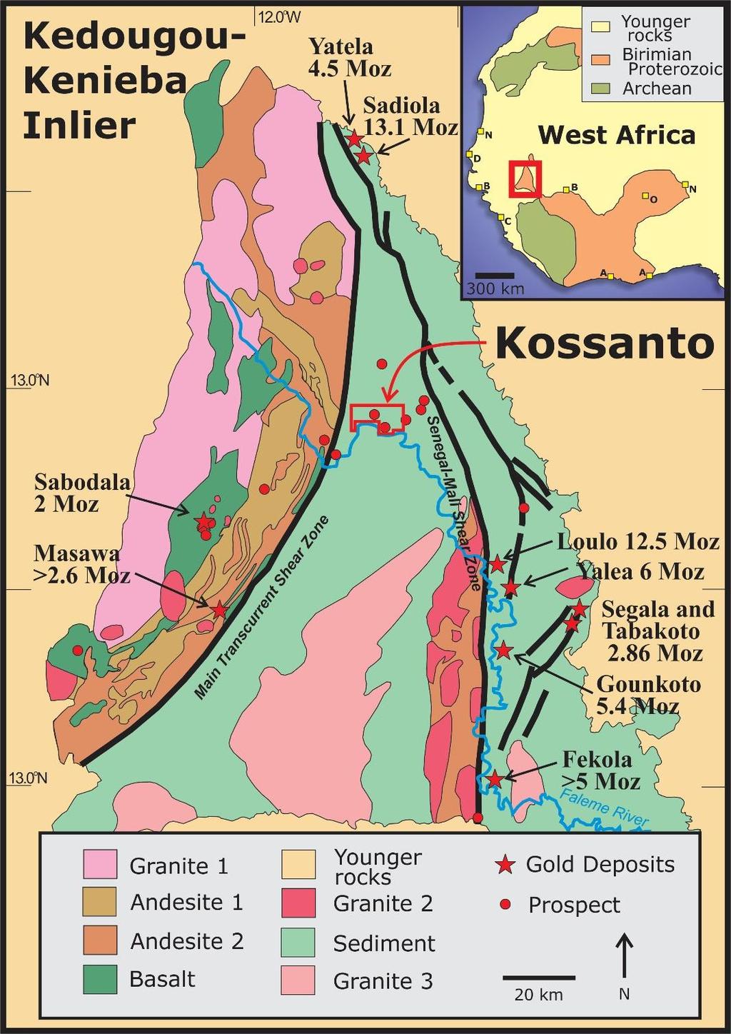 Figure 1: Regional geologic map of the Kedougou-Kenieba Inlier, the most northwesterly exposure of Birimian rocks in the West African craton.